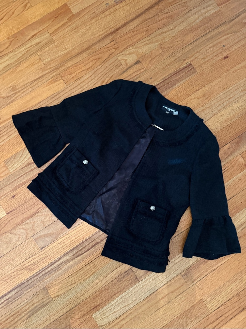 Karl Lagerfeld Black Knit Blazer with Frilled Sleeves